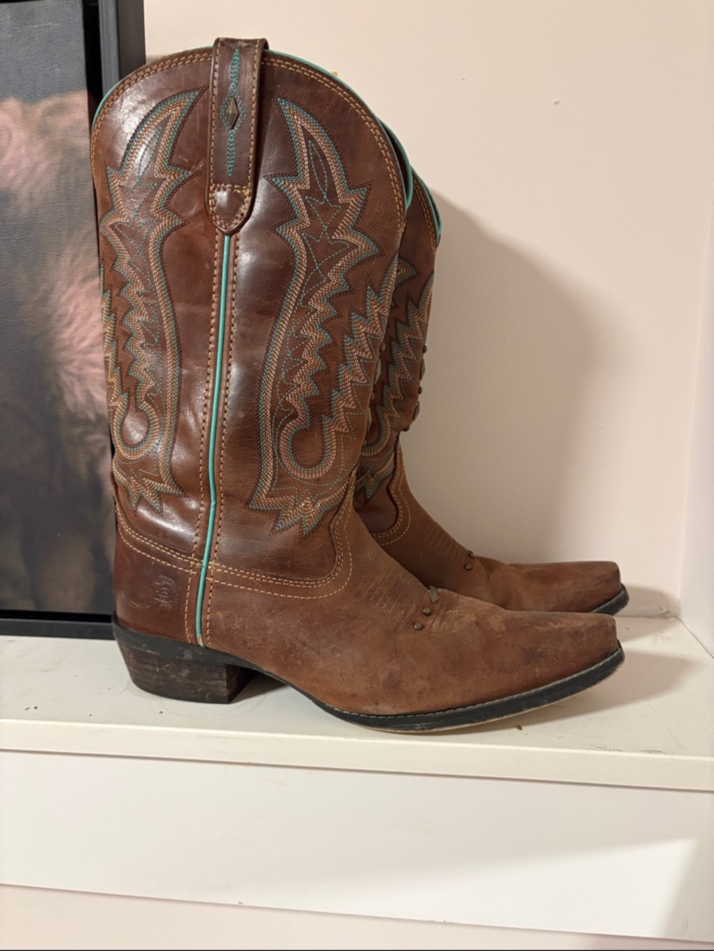 Brown Leather Cowboy Boots with Turquoise Stitching